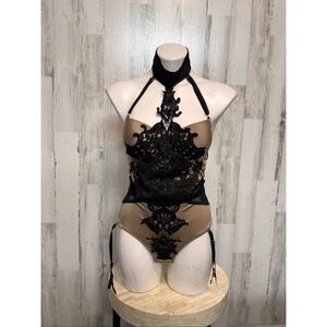 Ooh La La Paris Black Lace Applique Satin Sheer Bodysuit Lingerie Size M